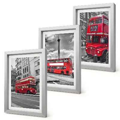 Conjunto de 3 quadros decorativos com ônibus vermelhos na paisagem urbana de Londres