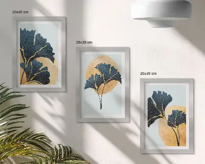 Conjunto de quadros com imagens folhas de ginkgo estéticas sobre fundo claro