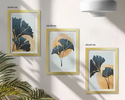 Conjunto de quadros com imagens folhas de ginkgo estéticas sobre fundo claro