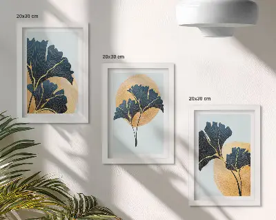 Conjunto de quadros com imagens folhas de ginkgo estéticas sobre fundo claro