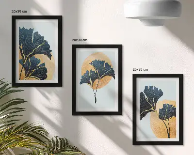 Conjunto de quadros com imagens folhas de ginkgo estéticas sobre fundo claro