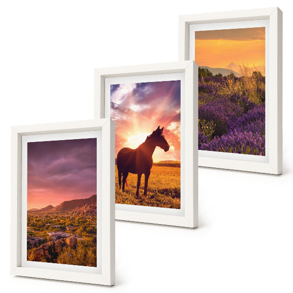 Tríptico com moldura Paisagens montanhosas com cavalos e campos de lavanda.