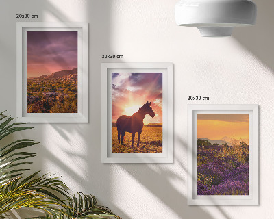 Tríptico com moldura Paisagens montanhosas com cavalos e campos de lavanda.
