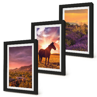 Tríptico com moldura Paisagens montanhosas com cavalos e campos de lavanda.