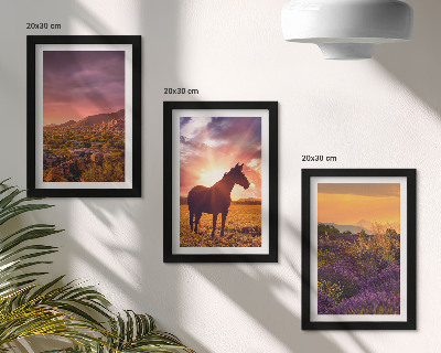 Tríptico com moldura Paisagens montanhosas com cavalos e campos de lavanda.