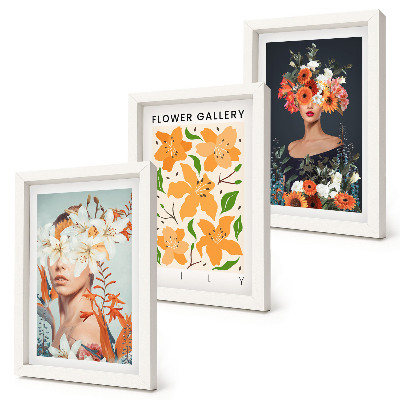 Conjunto de 3 quadros decorativos Retratos florais com buquês e folhas coloridas.