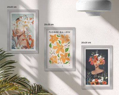 Conjunto de 3 quadros decorativos Retratos florais com buquês e folhas coloridas.