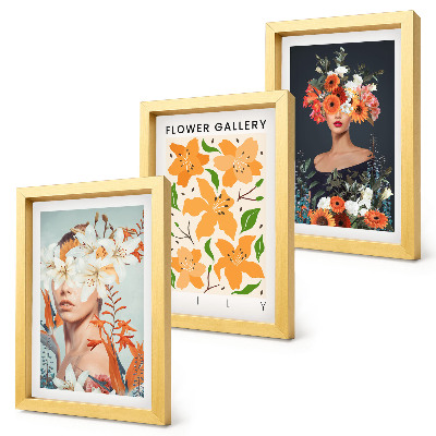 Conjunto de 3 quadros decorativos Retratos florais com buquês e folhas coloridas.
