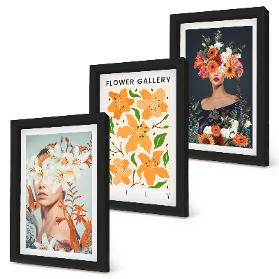 Conjunto de 3 quadros decorativos Retratos florais com buquês e folhas coloridas.