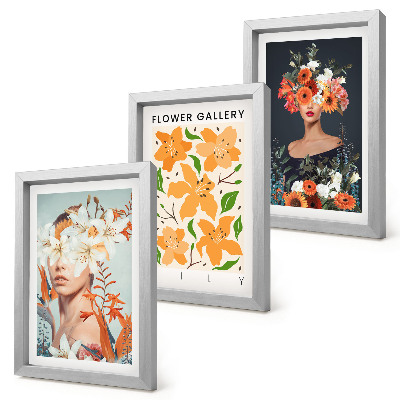 Conjunto de 3 quadros decorativos Retratos florais com buquês e folhas coloridas.