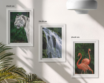 Tríptico com moldura Cachoeira do Tigre e flamingos cor-de-rosa na natureza