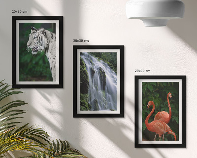 Tríptico com moldura Cachoeira do Tigre e flamingos cor-de-rosa na natureza