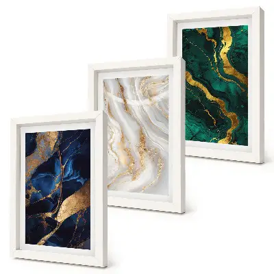 Conjunto de 3 quadros decorativos com padrões abstratos em tons de azul e verde