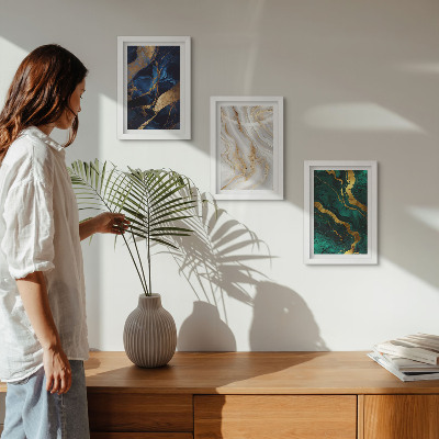 Conjunto de 3 quadros decorativos Padrões abstratos em tons de azul e verde.