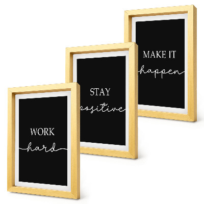 Tríptico com moldura Slogans motivacionais elegantes em fundo preto.