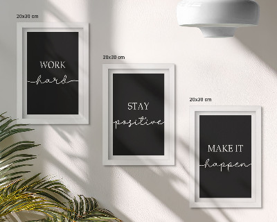 Tríptico com moldura Slogans motivacionais elegantes em fundo preto.