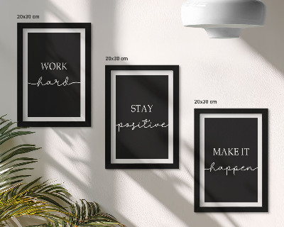 Tríptico com moldura Slogans motivacionais elegantes em fundo preto.