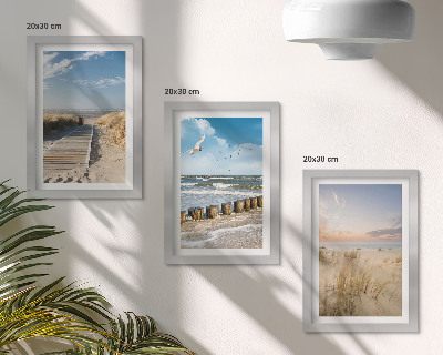 Conjunto de molduras com imagens Praia com areia, ondas, céu e pássaros em voo.