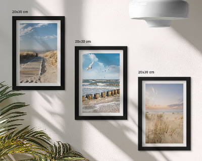 Conjunto de molduras com imagens Praia com areia, ondas, céu e pássaros em voo.