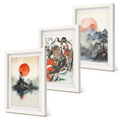 Tríptico com moldura Pinturas de paisagens asiáticas e retratos no estilo Japandi.