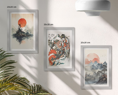 Tríptico com moldura Pinturas de paisagens asiáticas e retratos no estilo Japandi.
