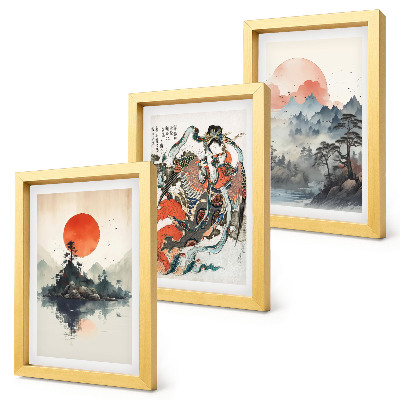 Tríptico com moldura Pinturas de paisagens asiáticas e retratos no estilo Japandi.