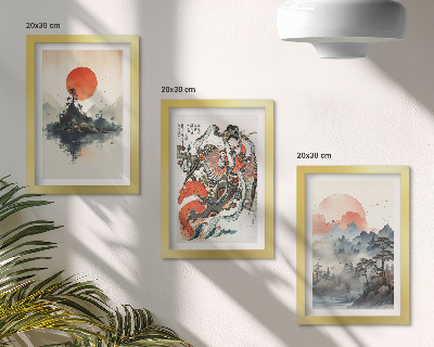 Tríptico com moldura Pinturas de paisagens asiáticas e retratos no estilo Japandi.