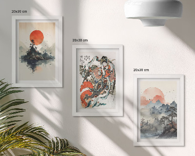 Tríptico com moldura Pinturas de paisagens asiáticas e retratos no estilo Japandi.