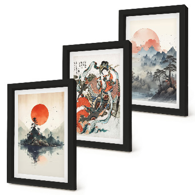 Tríptico com moldura Pinturas de paisagens asiáticas e retratos no estilo Japandi.
