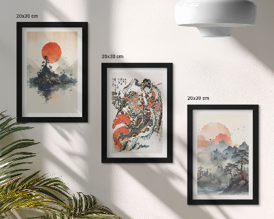 Tríptico com moldura Pinturas de paisagens asiáticas e retratos no estilo Japandi.