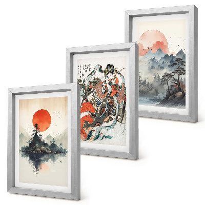 Tríptico com moldura Pinturas de paisagens asiáticas e retratos no estilo Japandi.