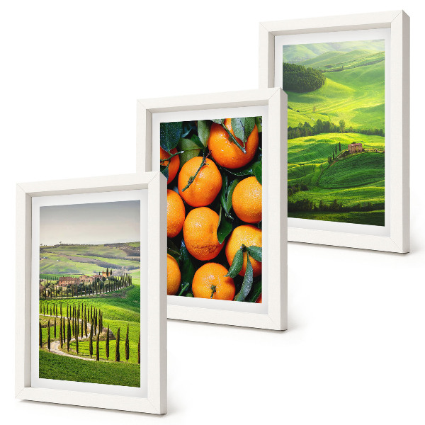 Conjunto de molduras com imagens Paisagem rural italiana com laranjas e natureza.