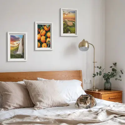 Tríptico com moldura paisagem italiana de cachoeira e montanha com pôr do sol e laranjas