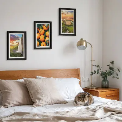 Tríptico com moldura paisagem italiana de cachoeira e montanha com pôr do sol e laranjas