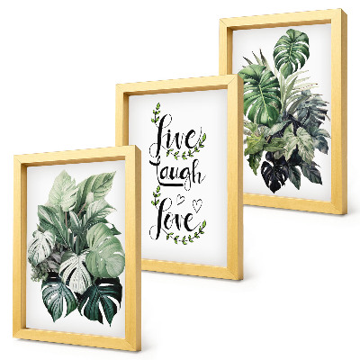 Tríptico com moldura Plantas frondosas com as palavras viver, rir, amar