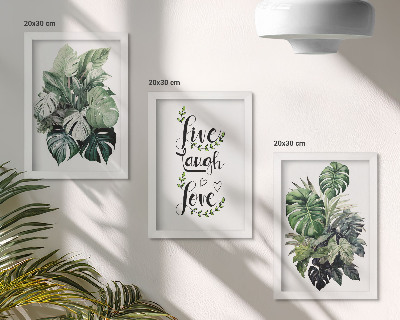 Tríptico com moldura Plantas frondosas com as palavras viver, rir, amar