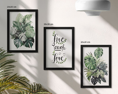 Tríptico com moldura Plantas frondosas com as palavras viver, rir, amar