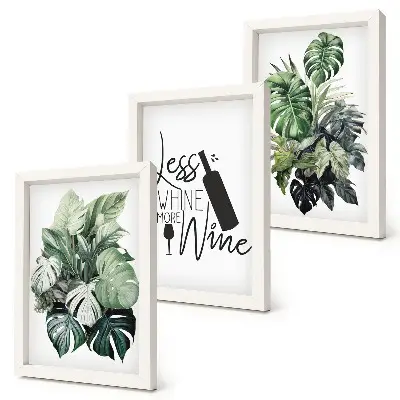 Conjunto de 3 quadros decorativos com estampas de folhas verdes e inscrição sobre vinho