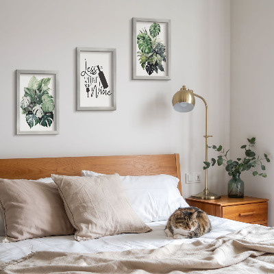Conjunto de 3 quadros decorativos Folhas de plantas em tons de verde com inscrição sobre vinho