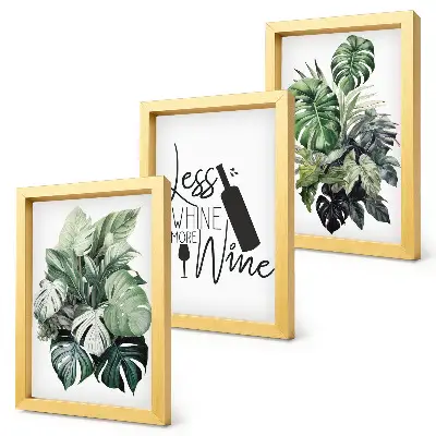Conjunto de 3 quadros decorativos com estampas de folhas verdes e inscrição sobre vinho