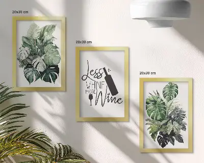 Conjunto de 3 quadros decorativos com estampas de folhas verdes e inscrição sobre vinho