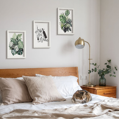 Conjunto de 3 quadros decorativos Folhas de plantas em tons de verde com inscrição sobre vinho