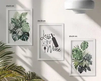 Conjunto de 3 quadros decorativos com estampas de folhas verdes e inscrição sobre vinho