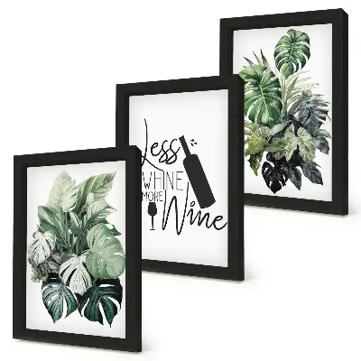 Conjunto de 3 quadros decorativos com estampas de folhas verdes e inscrição sobre vinho