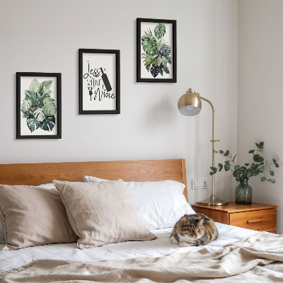 Conjunto de 3 quadros decorativos Folhas de plantas em tons de verde com inscrição sobre vinho