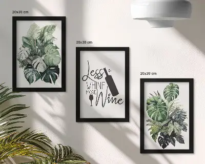 Conjunto de 3 quadros decorativos com estampas de folhas verdes e inscrição sobre vinho