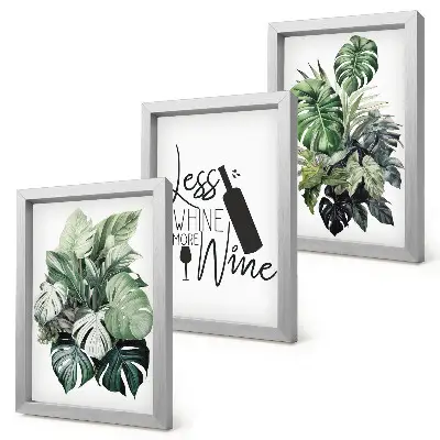 Conjunto de 3 quadros decorativos com estampas de folhas verdes e inscrição sobre vinho