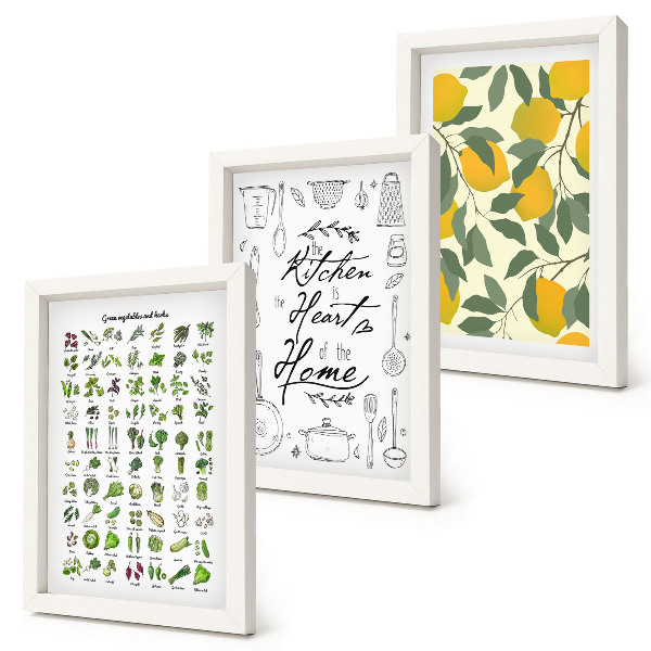 Conjunto de molduras com imagens Lista de ervas, placa de cozinha e limões pintados.