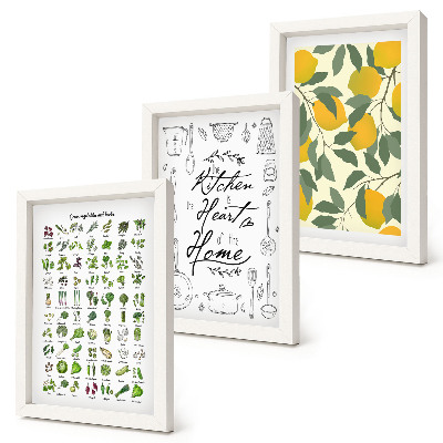 Conjunto de molduras com imagens Lista de ervas, placa de cozinha e limões pintados.