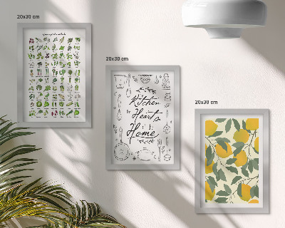 Conjunto de molduras com imagens Lista de ervas, placa de cozinha e limões pintados.